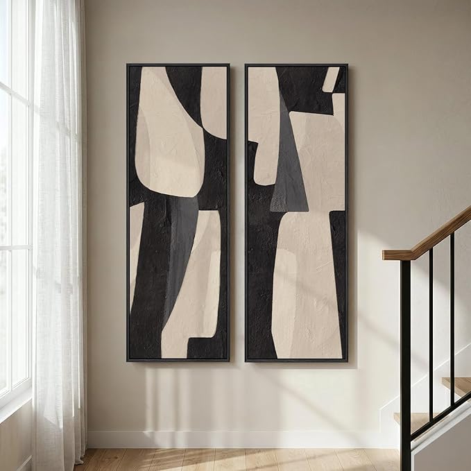 Long Narrow Framed Neutral Abstract Vertical Wall Art