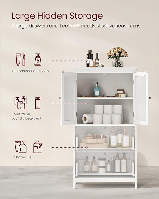 VASAGLE Bathroom Floor Storage Cabinet, Bathroom Storage Unit, Freestanding Cabinet with 2 Drawers and 2 Doors, Adjustable Shelf, 11.8 x 23.6 x 43.3 Inches, White UBBC551WH01S