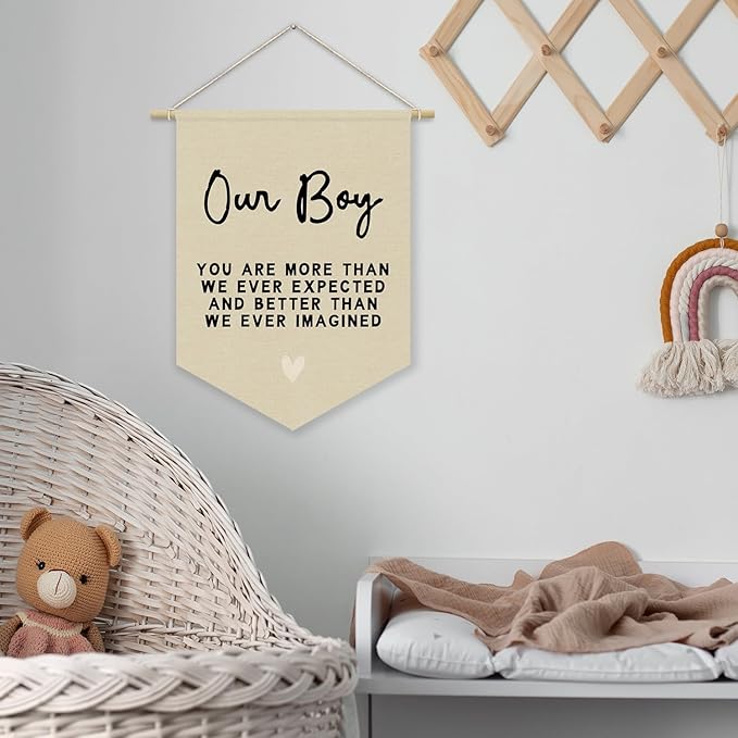 Boys Room Decor, Boy Nursery Linen Canvas Banner, You Are More Than We Ever Expected Neutral Wall Hanging Pennant Flag Banner for Boys Kids Toddler Room Bedroom Playroom Decor, 15x11in