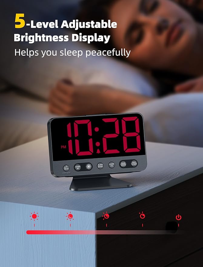 Odokee Digital Alarm Clocks for Bedrooms: Large Bold Number 5 Brightness Dimmer