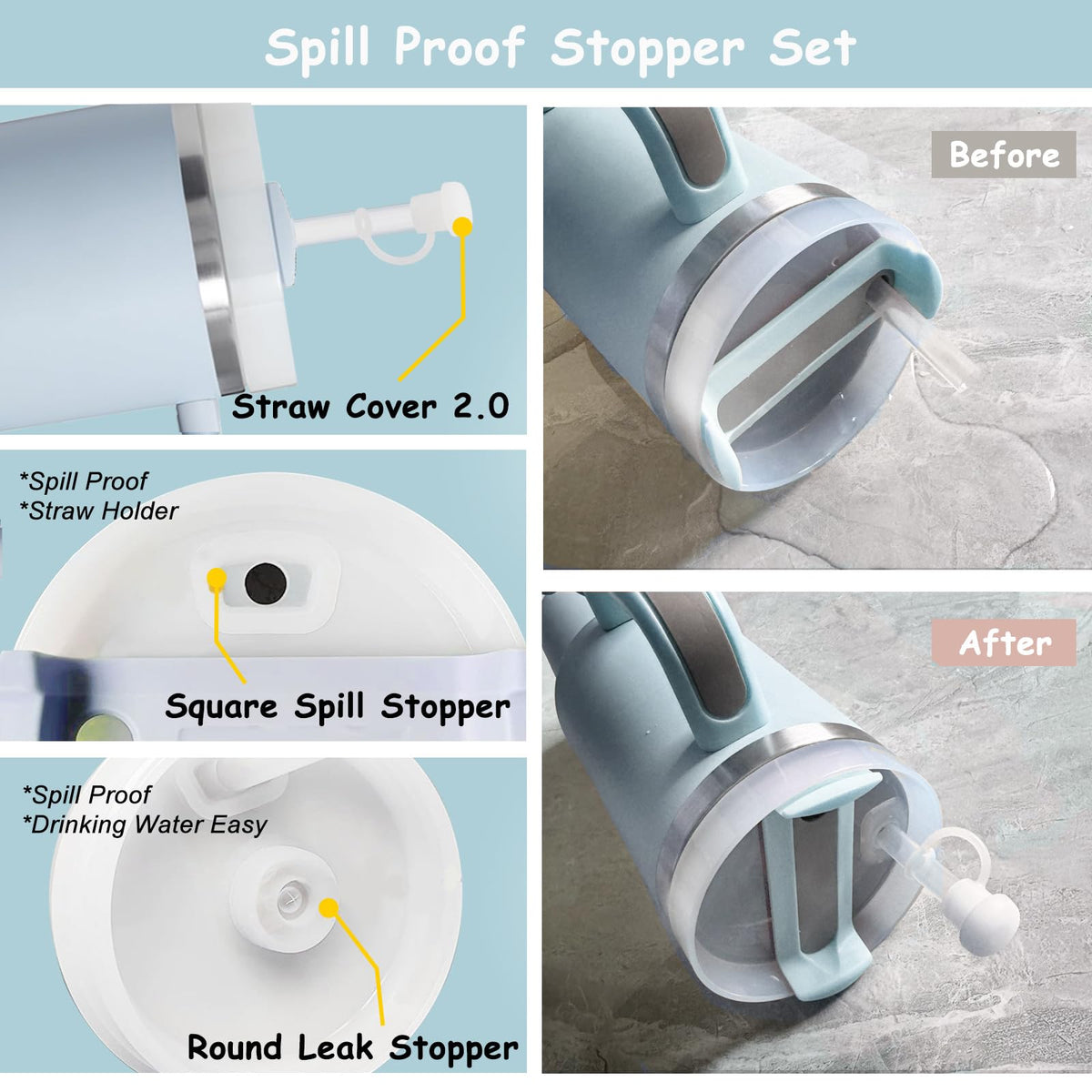 Stanley Cup Accessories Set,Including 2 Pcs 0.4in Straw Cover, 1 Silicone Spill-Proof Stopper Set of 3, 1 Cute Moon Handle Charm, 1 Silicone Boot Fits Stanley 40&30 Oz Tumbler (Blue 2.0)