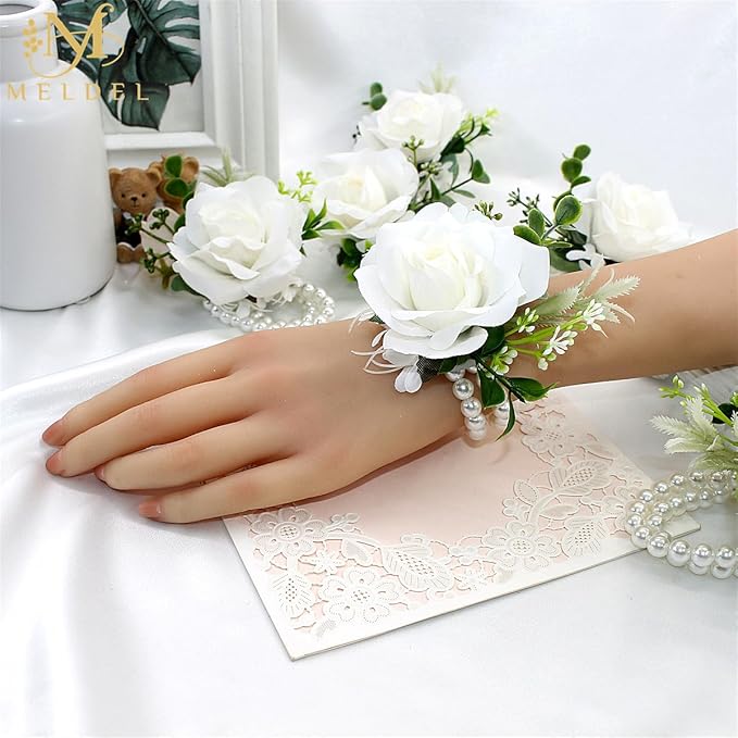 Meldel White Rose Wrist Corsage, Pack of 2 PCS Wedding Bridal Wrist Flower Corsage Hand Flower Artificial Silk Rose Decor for Prom Party Wedding