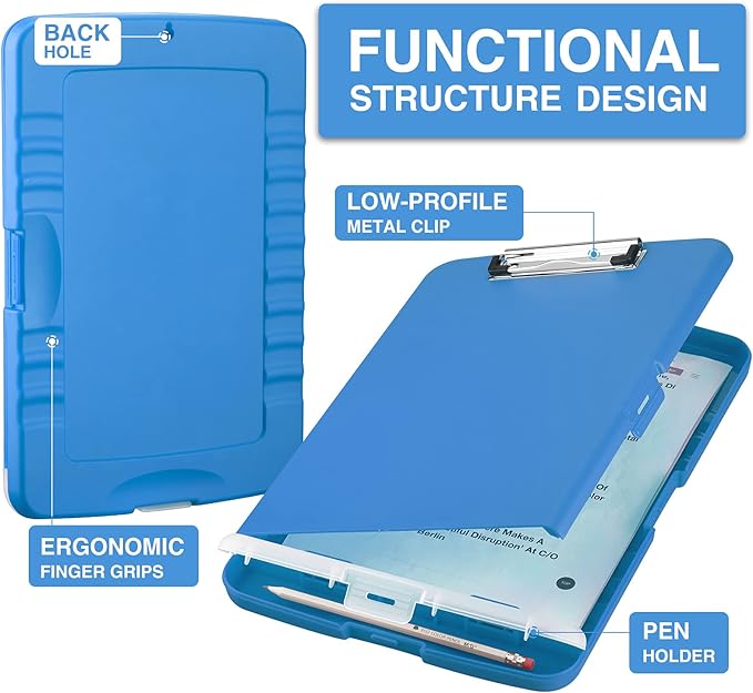 Sooez Clipboard with Storage, Clip Board 8.5 x 11 with Pen Holder, Plastic Organization Case Box for Letter Legal A4 Size Paper, Low Profile Clip, Nurses Teachers Must Haves, School & Office Supplies