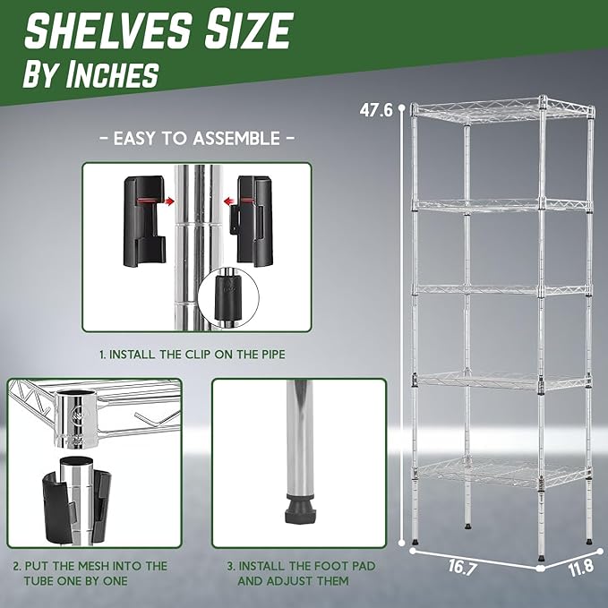 PayLessHere 5-Tier Adjustable Wire Shelf 12" W x 17" D x 48" H Max Load 750 lbs, Easy Assembly, Versatile Storage Solution, Durable and Stable for Home and Office,Chrome