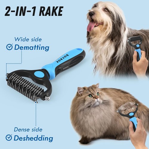 Docrok Pet Grooming Combo - Blue Deshedding Brush & Metal Comb for Long, Matted Fur Care