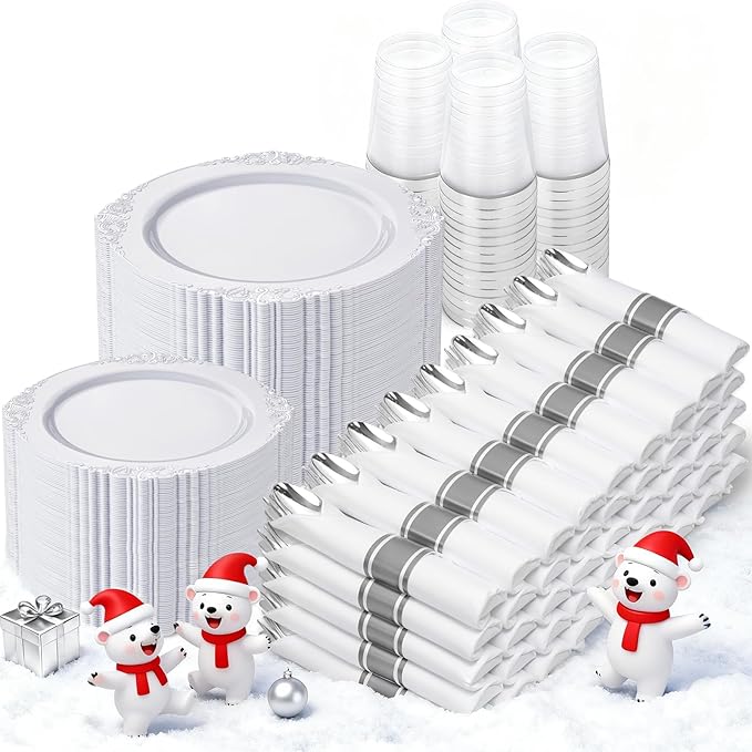 Nervure 700PCS Silver Plastic Plates - Silver Plastic Dinnerware Sets for 100 Guests - 200 Disposable Plates, 300 Silverware, 100 Cups, 100 Napkins for Wedding & Party