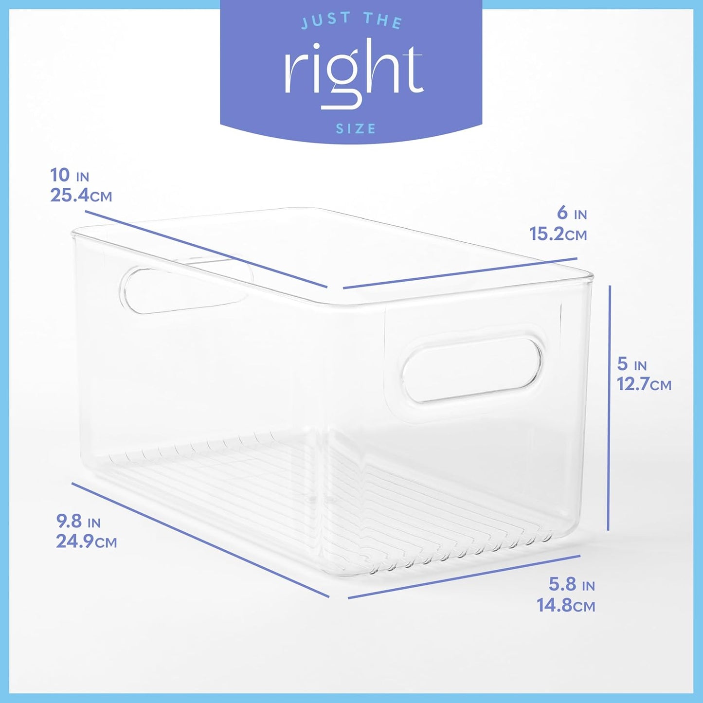 Plastic Food Storage 4 Pack Clear Container Bin with Handles for Organizing Kitchen, Pantry, Fridge, Freezer, Pantry,Bathroom. 10"x6"x5"