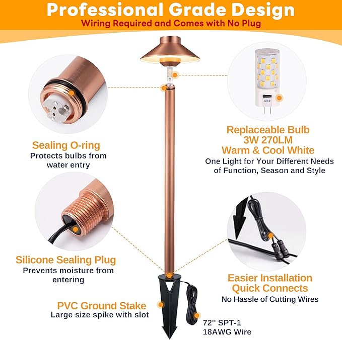 Low Voltage Landscape Path Light Solid Brass, 3 Color Temp Selectable LED Driveway Lights Waterproof, Hat Shaped 12V Wired Copper for Walkway Garden with 3W 270LM G4 Bulb (12 Pack)