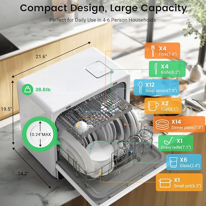BLITZHOME WiFi Countertop Portable Dishwasher, Smart 9 Programs, 167℉ High-Temp, 360° 3Spray, 24H Timing, Hot Air Drying, Air Refresh, Baby-Care, LED Light, 5.2L Built-in Water Tank for Apartments RVs