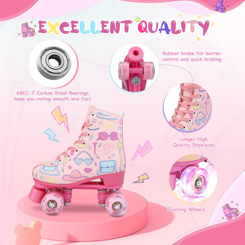 XUDREZ Roller Skates for Girls and Women, Stylish Pattern Pink Roller Skates with Light Up Wheels for Kids Youth Girls Ages 6-12 Indoor Outdoor (Pink,33-Youth 2)