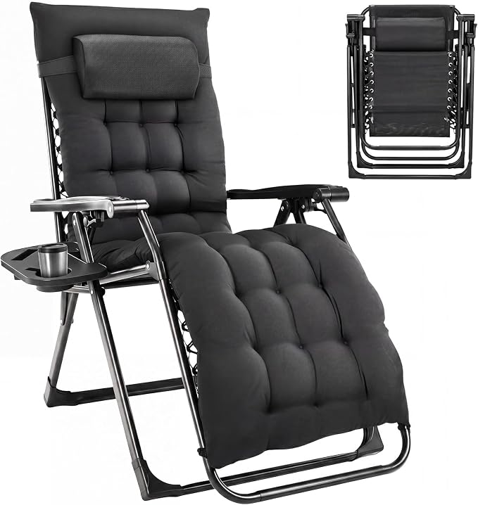 Alpen Oversized Outdoor Zero Gravity Chair, Portable Patio Recliner with Removable Pad and Adjustable Headrest, Lounge Chair with Cup Holder for Outdoor Camping Lawn Balcony, Black