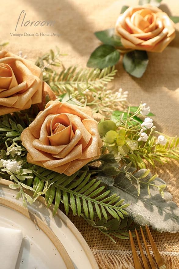 Floroom Artificial Flowers 25pcs Real Looking Gold Foam Fake Roses with Stems for DIY Wedding Bouquets Bridal Shower Centerpieces Party Decorations