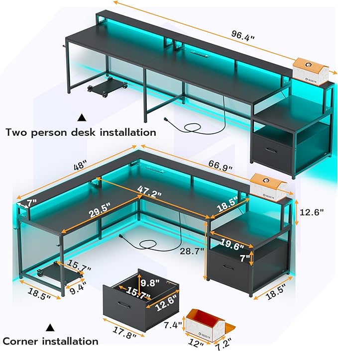 SEDETA L Shaped Gaming Desk, 66" Home Office Desk with Wood File Drawer & Power Outlet, Corner Gaming Computer Desk with Led Lights, Monitor Shelf and Printer Storage Shelves, Two Person Desk, Black