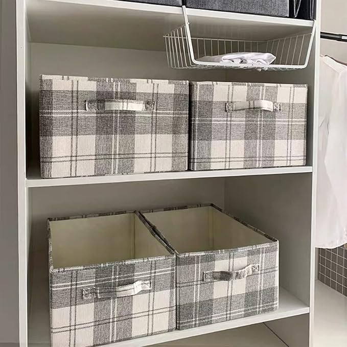 ANMINY 2PCS Storage Baskets Closet Storage Organizer Bins with Handles, Foldable Large Fabric Storage Bins for Shelves, Rectangular Baskets Laundry Clothes Blanket Cubes - Light Gray, Medium