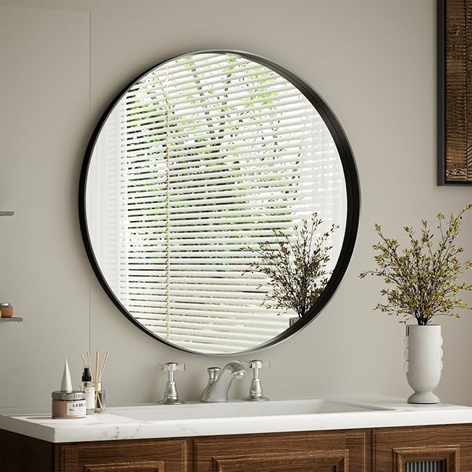 VooBang 24 inch Round Bathroom Mirror, Balck Modern Circle Wall Mounted Mirror