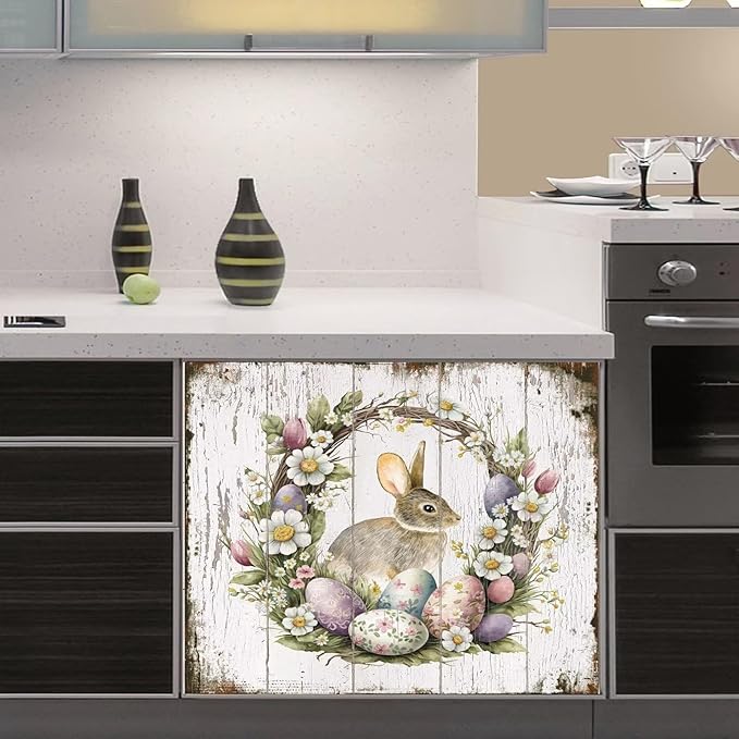 Easter Bunny Dishwasher Full Door Magnetic Sticker Home Appliances, Easter Eggs Refrigerator Magnet Skin Cover, Spring Wreath Magnetic Dishwasher Panel Cover - (23" x 17" Magnetic)