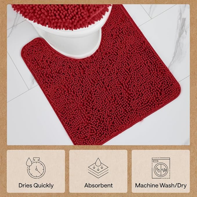 GORILLA GRIP Plush Absorbent Shaggy Chenille Bath Rug Mat for Square Toilet Base with Rubber Backing, Machine Washable Rugs, Soft Microfiber Contour Mats for Toilets, Bathroom Decor, Red