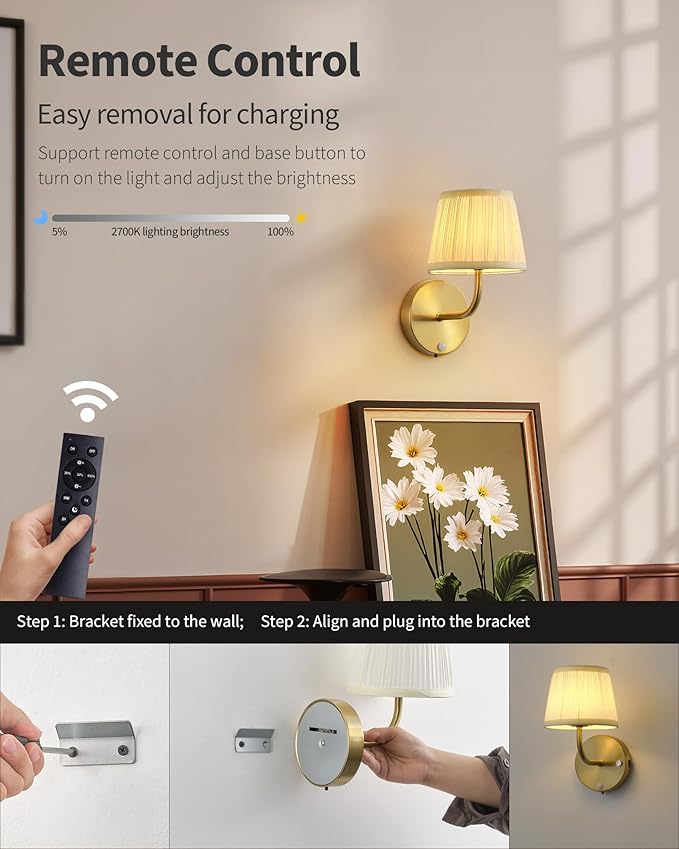 PUSU Motion Sensor Gold H9.6 inch Small Wall Sconces Set of 2, LED Cordless