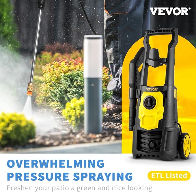 VEVOR Electric Power Washer, 2000 PSI 1.65 GPM, Portable Cleaner with 30ft Hose, Foam Cannon & 5 Nozzles for Cars, Patios, Fences - ETL Listed