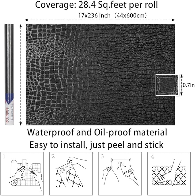 Arthome 17"×240" Black Crocodile Peel and Stick Wallpaper, Charcoal Black