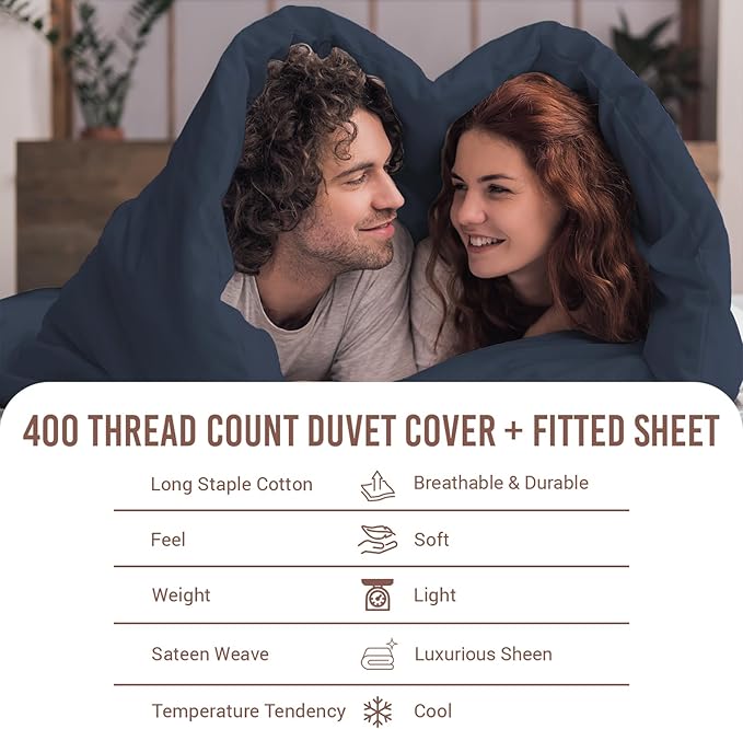 Pizuna 100% Cotton Twin 2 Pc Duvet Cover + 1 Pc Fitted Sheet Set 400 Thread Count Dark Blue Sateen Weave Luxurious Long Staple Cotton 4 Piece Bedding Set -1 Duvet Cover, 1 Pillow Sham, 1 Fitted Sheet