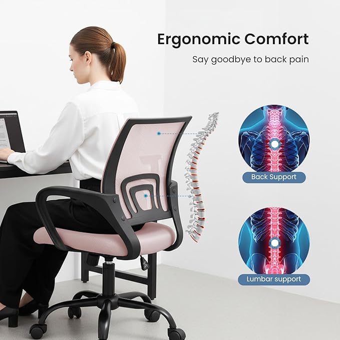 DUMOS Home Office Chair - Ergonomic Mid Back Mesh Desk Chair with Lumbar Support & Rocking Mode, Height Adjustable with Fixed Armrest, for Computer, Gaming, Meeting, Pink, 2 Pack