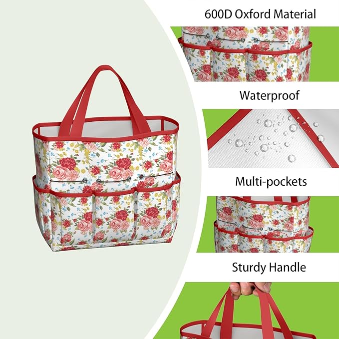 Floral Garden Tool Bag - Waterproof Garden Tote with 8 Pockets, Large Storage Home Organizer Gardening Tool Oxford Bag for Garden Tools Kits Holder, Ideal Outdoor Gardening Gift for Women & Men
