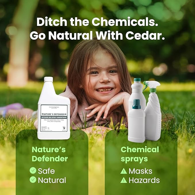 Nature's Defender Outdoor Pest Control Spray – All-Natural Cedarwood Oil Formula for Mosquitoes, Ticks, Fleas, and Ants – Safe for Pets, Kids, and Plants – 32 oz Concentrate, Treats 40,000 sq. ft