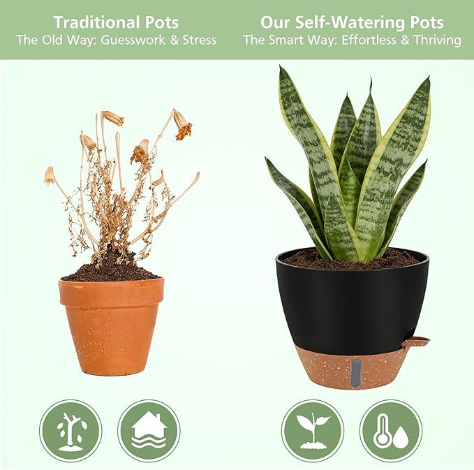 Self Watering Planters Set with Water Level Indicator, 12" 10" 9" 8" Large Plastic Flower Pots with Mesh Drainage Hole and Removable Saucer Reservoir for Indoor Outdoor Plants 4pcs （Black