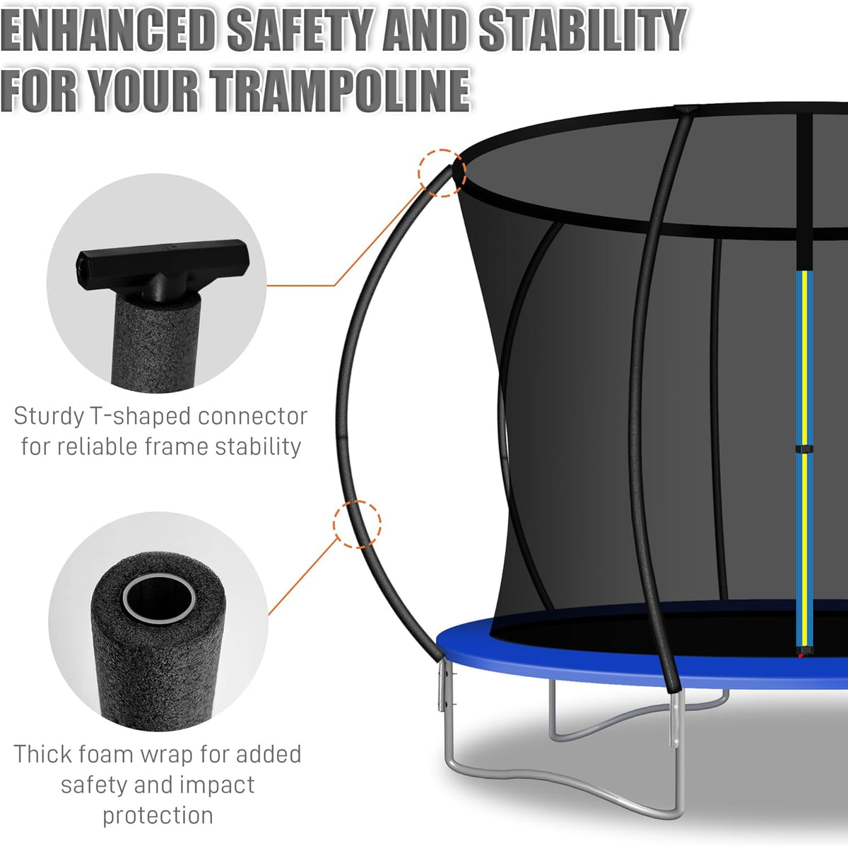 Skiennix Trampoline Curved Poles - Universal Replacement Enclosure for 8-16FT Frames | Foam Sleeve & Hardware Included