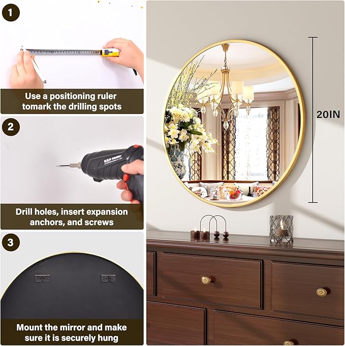 20 Inch Round Mirror - Circle Mirrors for Bathroom, Entryway and Living Room Wall Decor, Modern Hanging Vanity Mirror, Matte Gold Circle Decorative Wall Mirror