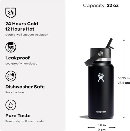 Hydro Flask Water Bottle - Insulated Stainless Steel - 32 Oz Wide Mouth with Flex Straw Lid | Campus Ivory