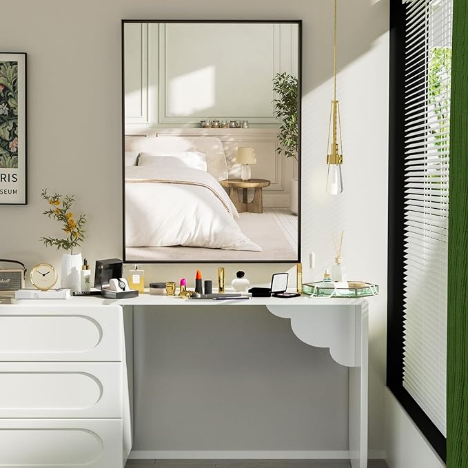 48x32 Inch Black Bathroom Mirrors for Over Sink, Contemporary Wall Mirror, Rectangle Framed Mirrors for Bathroom, Decorative Vanity Mirror for Living Room Entryway Horizontal/Vertical