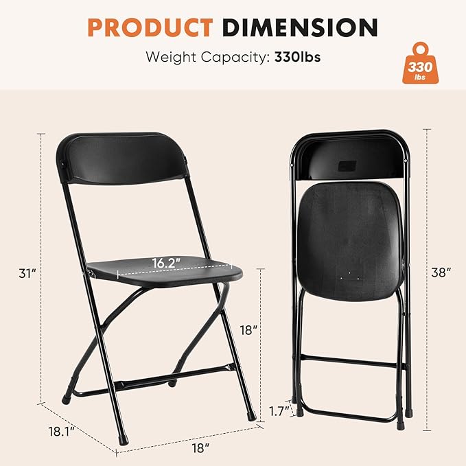 Sweetcrispy Folding Chair 12 Pack, Plastic Foldable Chairs with 330-Pound Capacity, Sturdy Metal Portable Chair, Easy to Use and Store, Outdoor and Indoor, for Home, Office, Party, Comfy, Black