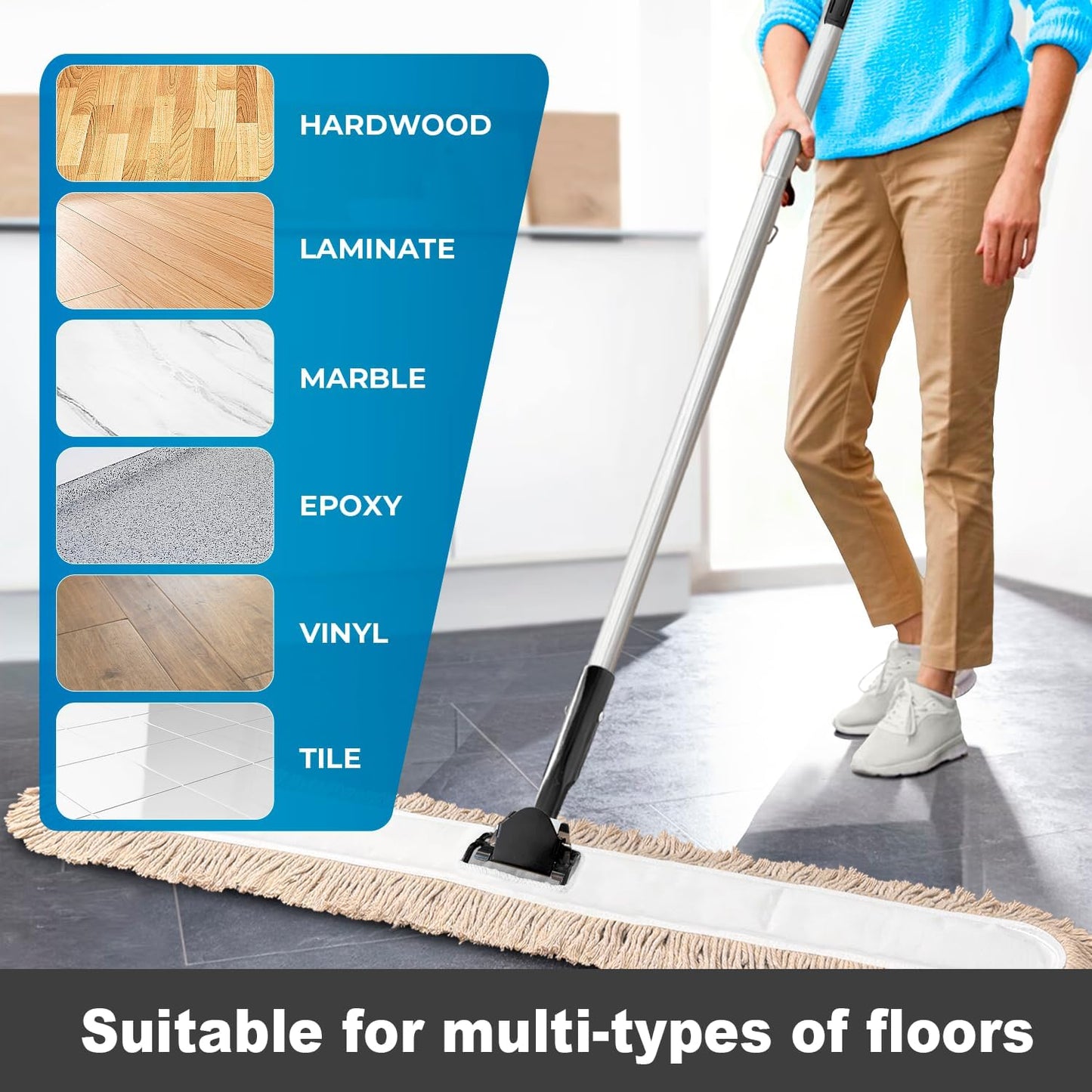Commercial Dust Mop & Floor Sweeper，48" Industrial Dry Mop with Heavy Duty Long Handle, Premium Cotton Dust Mop Head for Hardwood Floors, Industrial, Commercial, and Residential Cleaning