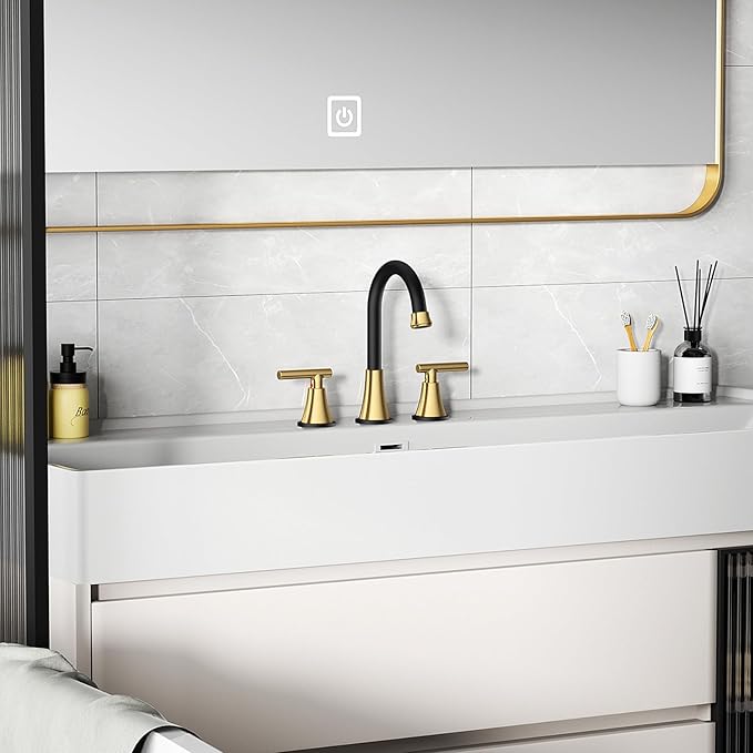 Bathroom Faucets for Sink 3 Hole, Hurran Black& Gold Bathroom Sink Faucet with Pop-up Drain and Supply Lines, Stainless Steel Lead-Free Widespread Faucet for Vanity RV Farmhouse Sink