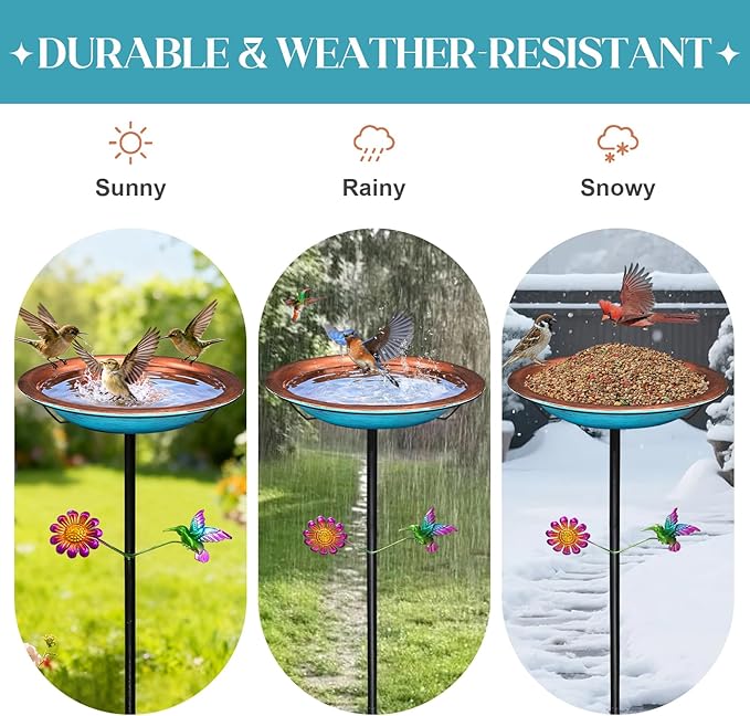 WANGIRO 11.4" Standing Bird Bath for Outdoors - 33" Tall Metal Birdbaths with Trellis Stake,Retro Copper & Blue Garden Decor, Detachable Bowl with Hummingbird & Flower Accent for Yard, Patio, Lawn