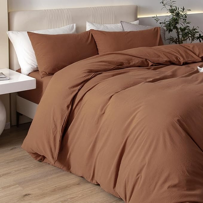 JIYUAN 100% Washed Cotton Duvet Cover Set 3 Pieces Super Queen, 1 Duvet Cover 90x98 Inches(Comforter Not Included) and 2 Pillowcases,Linen Feel Bedding Set Comfy and Breathable,Burnt Orange