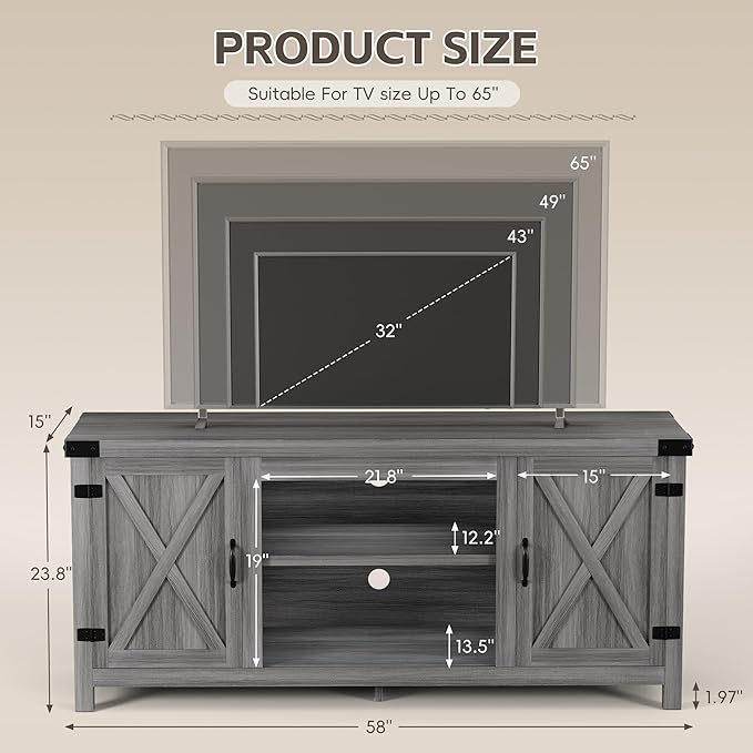 YESHOMY Modern Farmhouse TV Stand with Two Barn Doors and Storage Cabinets for Televisions up to 65+ Inch,Entertainment Center Console Table,Media Furniture for Living Room,Light Grey