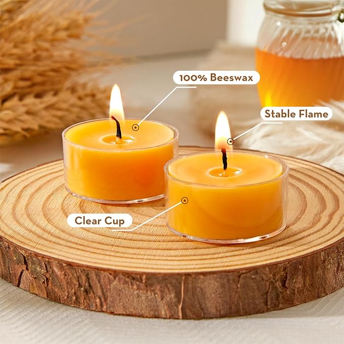 Unscented Beeswax Tea Lights Candles 30 Pack, 4 Hours Long Burning Handmade Yellow Tealight Candles, Clear Cup Smokeless Beeswax Candles for Wedding, Christmas Lights, Centerpiece & Home Decor