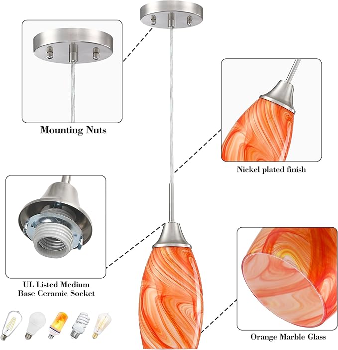 Mini Glass Pendant Light 4.72" with Handblown Orange Marble Art Glass Hanging Light 3-Pack Oval Ceiling Hanging Light Fixture for Dining Room Kitchen Island Cafe Foyer Hallway