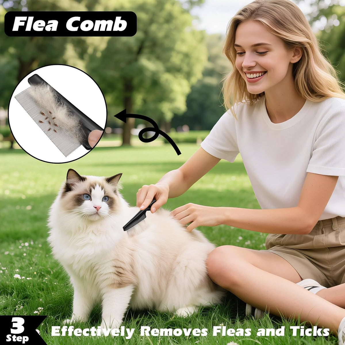 Skiennix 3PCS Pet Grooming Set - Self-Cleaning Slicker Brush, Rake & Flea Comb for Dogs, Cats & Horses | Black