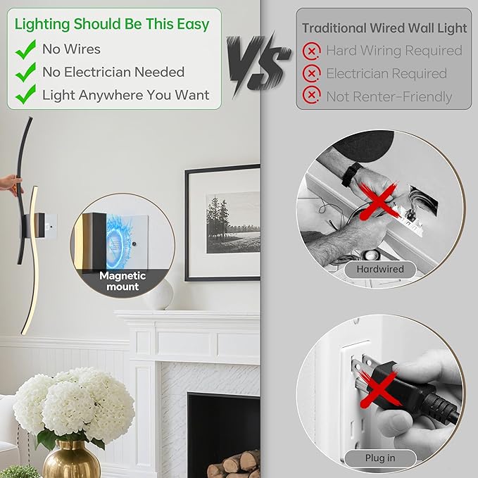 Battery Operated Wall Sconces Set of 2, Dimmable Modern LED Rechargeable Wall