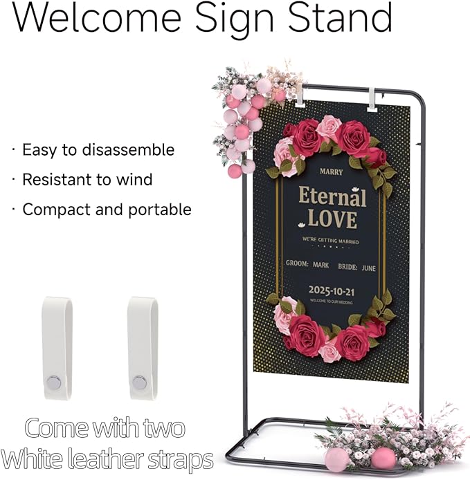 Wedding Sign Holder,Adjustable Welcome to Our Wedding Sign Stand with 2 Pack Leather Hanging Straps Heavy Duty Easel Rack Seating Chart Metal Stand for Birthday Party Baby Shower Graduation Ceremony Decoration,Black