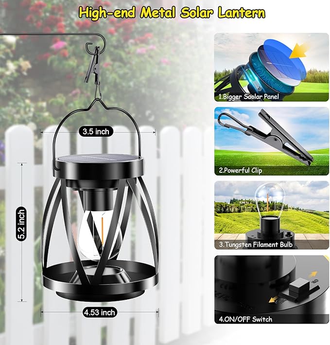 GARPAR Solar Lanterns Lights Outdoor Waterproof, 4 Pack Upgraded Metal Outdoor Lantern, Brighter Auto On/Off 18H Hanging Solar Lights for Outside Garden Yard Patio Porch Decor, Gift for Mom