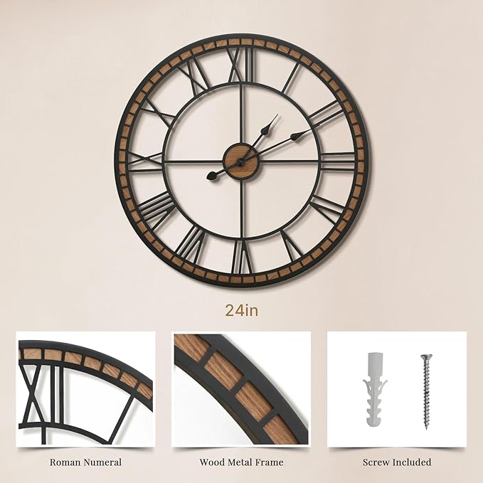 Micasso Large Farmhouse Wall Clock: 24 inch Modern Metal Black