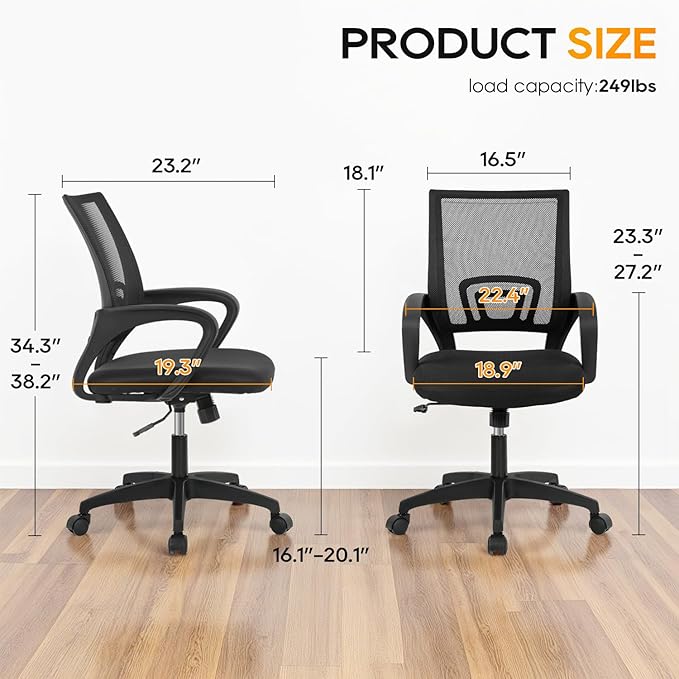 BestOffice | Ergonomic Office Chair | Mid-Back Swivel Desk Chair | Breathable Backrest & Lumbar Support | Adjustable Height | Sponge Seat | Rolling Wheels | Dark Black | for Adults & Women