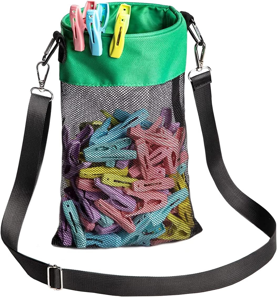 Mesh Clothespin Bag with Hooks Hanging Clothes Pin Bag with Drawstring Closure Clothespin Holder, Ventilation and Moisture Resistance, Storage Organizer, Machine Washable （Green）