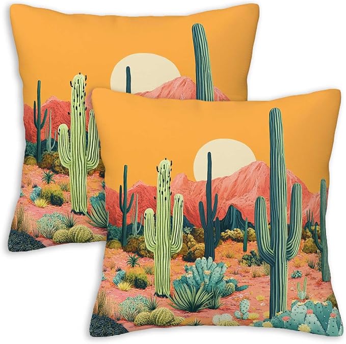 Cactus Throw Pillow Cover 18x18 Set of 2, Cushion Case for Couch, Sofa, Bed and Living Room, Zipper Closure Pillow Cases, Desert Home Decor for All Season