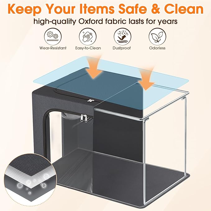 8 Pack Clothes Storage Bins with Metal Frame,40L Storage Bags Fabric Box Organizer with Clear Window,Zippers,Sturdy Handles(8 Pcs,Light Grey,40L)